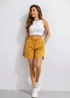 Kadın Dokuma otoban Şort Beli Lastikli Bağcıklı Cepli Kesim Şort - Hardal