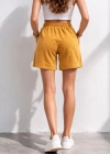 Kadın Dokuma otoban Şort Beli Lastikli Bağcıklı Cepli Kesim Şort - Hardal