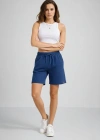 Kadın Dokuma otoban Şort Beli Lastikli Bağcıklı Cepli Kesim Şort - İndigo