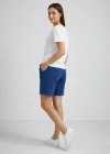 Kadın Dokuma otoban Şort Beli Lastikli Bağcıklı Cepli Kesim Şort - İndigo