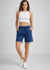 Kadın Dokuma otoban Şort Beli Lastikli Bağcıklı Cepli Kesim Şort - İndigo