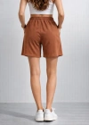 Kadın Dokuma otoban Şort Beli Lastikli Bağcıklı Cepli Kesim Şort - Kahverengi
