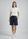 Kadın Dokuma otoban Şort Beli Lastikli Bağcıklı Cepli Kesim Şort - Lacivert