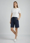 Kadın Dokuma otoban Şort Beli Lastikli Bağcıklı Cepli Kesim Şort - Lacivert