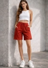 Kadın Dokuma otoban Şort Beli Lastikli Bağcıklı Cepli Kesim Şort - Turuncu