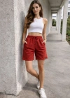 Kadın Dokuma otoban Şort Beli Lastikli Bağcıklı Cepli Kesim Şort - Turuncu