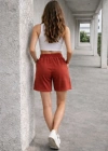 Kadın Dokuma otoban Şort Beli Lastikli Bağcıklı Cepli Kesim Şort - Turuncu