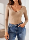 Kadın Fitilli Kaşkorse V Yaka Uzun Kollu Body Bluz Slim Fit - Bej