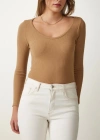Kadın Fitilli Likralı Body Crop - Camel