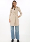 Kadın Kaşe Kaban Siyah Yünlü Dokuma Kruvaze Yaka Astarlı Cepli Kuşaklı Uzun Boy - Bej