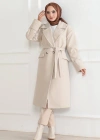 Kadın Kaşe Kaban Uzun Boy Kruvaze Yaka Kuşaklı Tesettür Kaşe Kaban Astarlı Yünlü - Bej