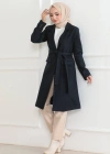Kadın Kaşe Kaban Uzun Boy Kruvaze Yaka Kuşaklı Tesettür Kaban Astarlı Yünlü - Lacivert