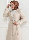 Kadın Kaşe Kaban Uzun Boy Kruvaze Yaka Kuşaklı Tesettür Kaban Astarlı Yünlü Dokuma - Bej