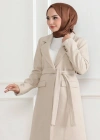 Kadın Kaşe Kaban Uzun Boy Kruvaze Yaka Kuşaklı Tesettür Kaban Astarlı Yünlü Dokuma - Bej