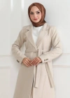 Kadın Kaşe Kaban Uzun Boy Kruvaze Yaka Kuşaklı Tesettür Kaban Astarlı Yünlü Dokuma - Bej