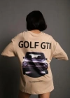 Kadın Oversize Baskılı Tişört Golf GTI Retro Araba Desenli Ön Arka Dijital Baskı - Bej