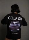 Kadın Oversize Baskılı Tişört Golf GTI Retro Araba Desenli Ön Arka Dijital Baskı - Siyah