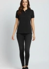 Kadın Pike Kumaş Düğmeli Yaka Regular Rahat Günlük Kısa kol Tişört T-shirt - Siyah