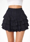 Kadın Siyah Katlı Mini Fırfıtlı Etek Lastikli Yüksel Bel Volanlı Tasarım Kalıp ve - Siyah