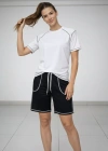 Kadın Spor Tişört Şort Takım Kontrast Dikiş Detaylı Ovarsize rahat kalıp - Beyaz