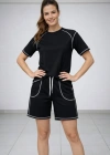 Kadın Spor Tişört Şort Takım Kontrast Dikiş Detaylı Ovarsize rahat kalıp - Siyah