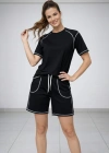 Kadın Spor Tişört Şort Takım Kontrast Dikiş Detaylı Ovarsize rahat kalıp - Siyah