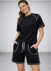 Kadın Spor Tişört Şort Takım Kontrast Dikiş Detaylı Ovarsize rahat kalıp - Siyah