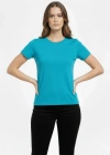 Kadın Bisiklet Yaka Slim Fit Likralı Tişört - Turkuvaz