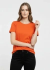 Kadın Bisiklet Yaka Slim Fit Likralı Tişört - Turuncu