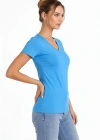 Kadın V Yaka Slim Fit Likralı Tişört - Açık Mavi