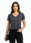 Kadın T-Shirt V Yaka Slim Fit Likralı Tişört Günlük Basic Body - Füme
