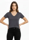 Kadın T-Shirt V Yaka Slim Fit Likralı Tişört Günlük Basic Body - Füme