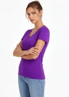 Kadın V Yaka Slim Fit Likralı Tişört - Mor