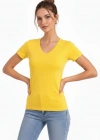 Kadın V Yaka Slim Fit Likralı Tişört - Sarı