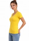 Kadın V Yaka Slim Fit Likralı Tişört - Sarı