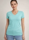 Kadın V Yaka Slim Fit Likralı Tişört - Turkuvaz