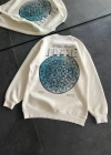 Kadın Üç İplik Bisiklet Yaka Baskılı SweatShirt - Beyaz