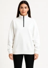 Kadın Üç İplik Dık Yaka Yarım Fermuarlı SweatShirt - Beyaz