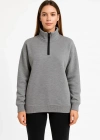 Kadın Üç İplik Dık Yaka Yarım Fermuarlı SweatShirt - Gri