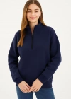Kadın Üç İplik Dık Yaka Yarım Fermuarlı SweatShirt - Lacivert