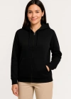 Kadın Üç İplik Kapüşonlu Tam Fermuarlı Kanguru Çepli SweatShirt Hoodie - Siyah