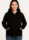 Kadın Üç İplik Kapüşonlu Tam Fermuarlı Kanguru Çepli SweatShirt Hoodie - Siyah