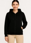 Kadın Üç İplik Kapüşonlu Tam Fermuarlı Kanguru Çepli SweatShirt Hoodie - Siyah