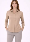 Kadın Uzun Kollu Gömlek Düğmeli Klasik Yaka Günlük ve Ofis Şıklığına uygun - Bej