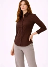 Kadın Uzun Kollu Gömlek Düğmeli Klasik Yaka Günlük ve Ofis Şıklığına uygun - Kahverengi