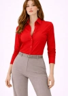Kadın Uzun Kollu Gömlek Düğmeli Klasik Yaka Günlük ve Ofis Şıklığına uygun - Kırmızı