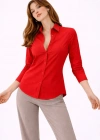 Kadın Uzun Kollu Gömlek Düğmeli Klasik Yaka Günlük ve Ofis Şıklığına uygun - Kırmızı