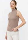 Kadın Yarım Balıkçı Yaka Fitilli Kaşkorse Atlet Basic Şık Bluz Badi - Bej