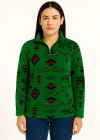 Kadın Yarım Fermuarlı Desenli Polar Sweat Tribal Etnik Desen Yakalı Uzun Kollu - Yeşil