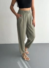 Kadın Yüksel Bel Beli Bağcıklı Cepli Rahat Paça Pantalon - Su Yeşili